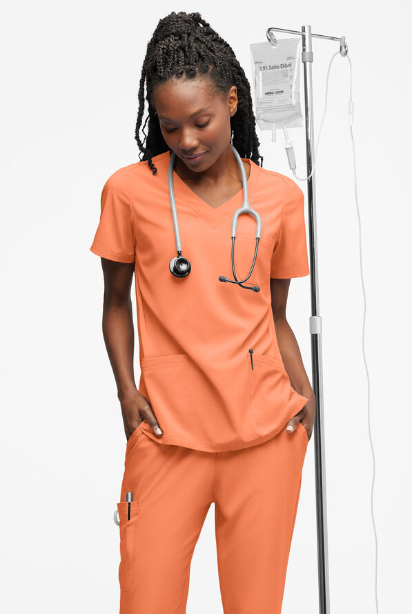 Easy STRETCH Tessa Women's 5-Pocket V-Neck Scrub Top - Coral Haze - 4