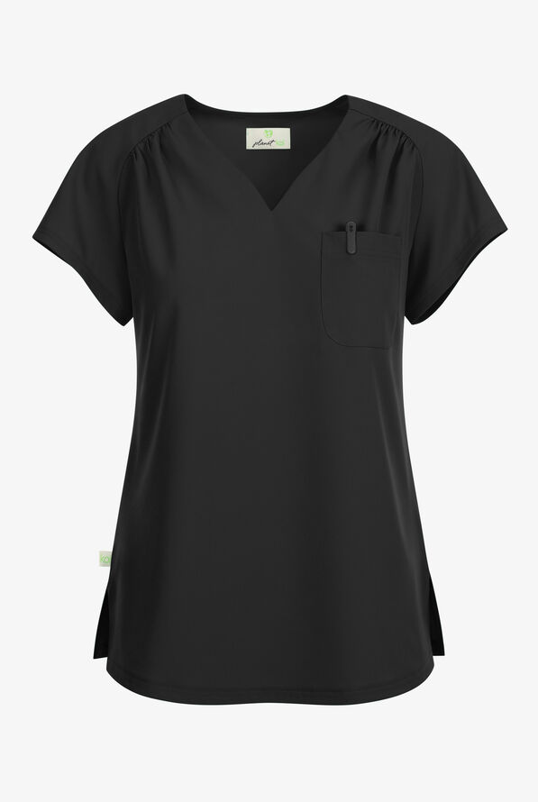 Planet koi Kallani Women's 1-Pocket STRETCH Rouched Shoulder Jewel Neck Scrub Top - Black - 1