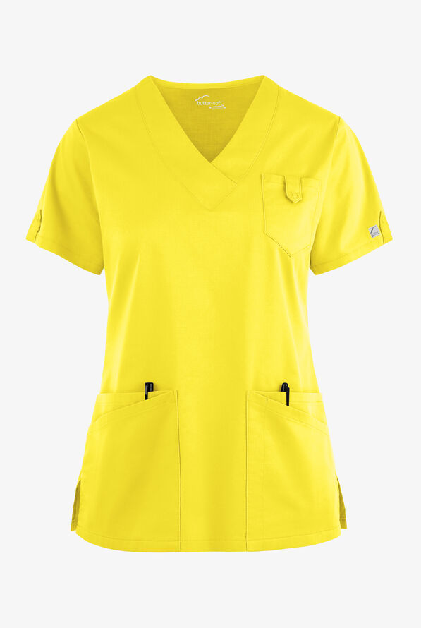 Butter-Soft STRETCH Women's 6-Pocket V-Neck Scrub Top - Bright Daffodil - 1