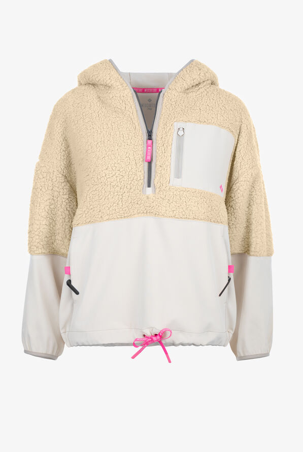 Med Couture Amp  Women's 3-Pocket STRETCH Sherpa Fleece Two-Tone Pull Over Zip Scrub Jacket - Nitro Nude - 1