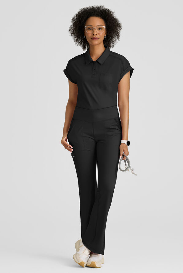 Grey's Anatomy by Barco Knit STRETCH Renew Women's 1-Pocket Dolman Sleeve Polo Scrub Top - Black - 5