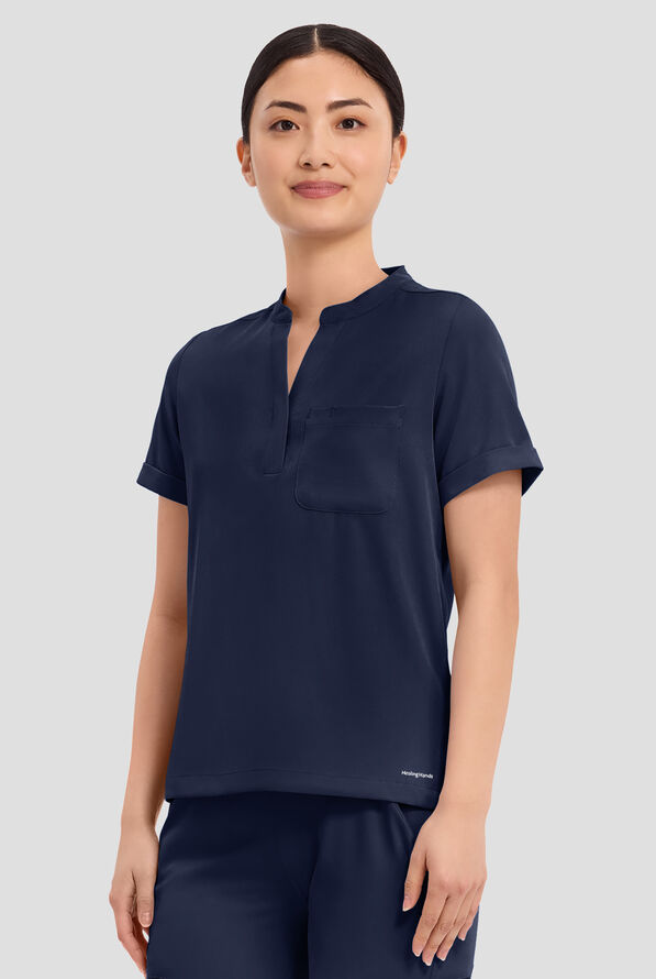 HH Works by Healing Hands Macy Women's 1-Pocket STRETCH Mandarin Collar Tuck In Scrub Top - Navy - 2