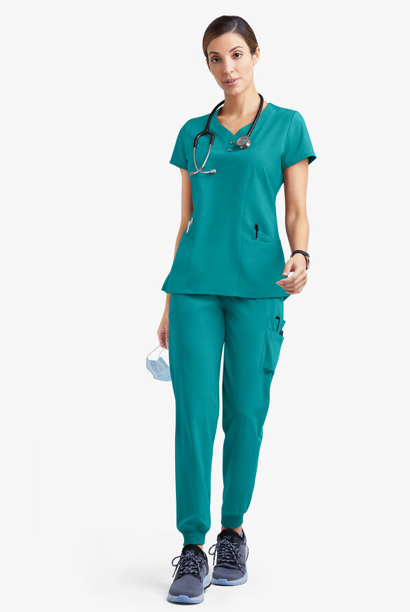 Easy STRETCH Demi Women's 4-Pocket Henley Scrub Top - Teal - 2