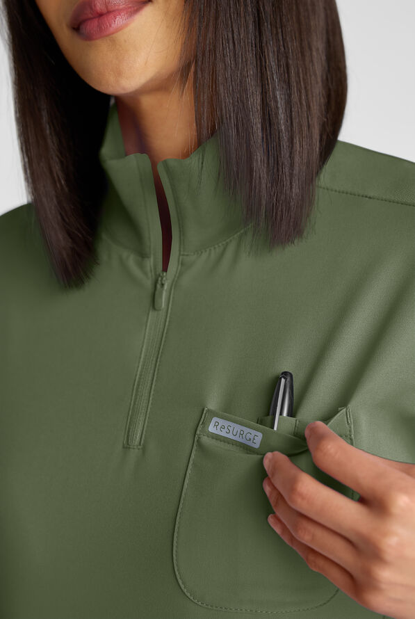 ReSurge Rhine Women's 5-Pocket Oversized Half Zip Stand Collar Scrub Top - Light Olive - 4