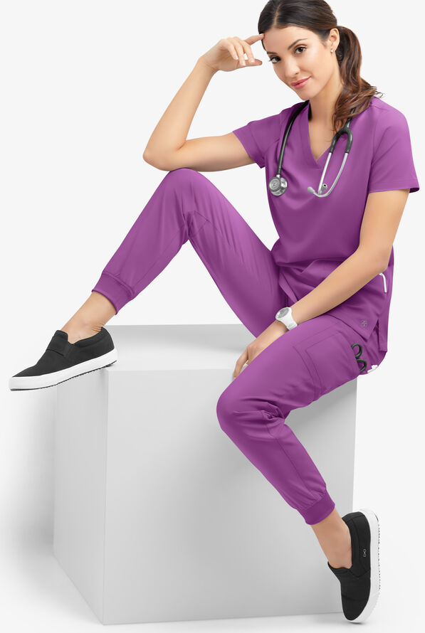 Easy STRETCH Mila Women's 7-Pocket Jogger Scrub Pants - Tall - Purple Swirl - 2