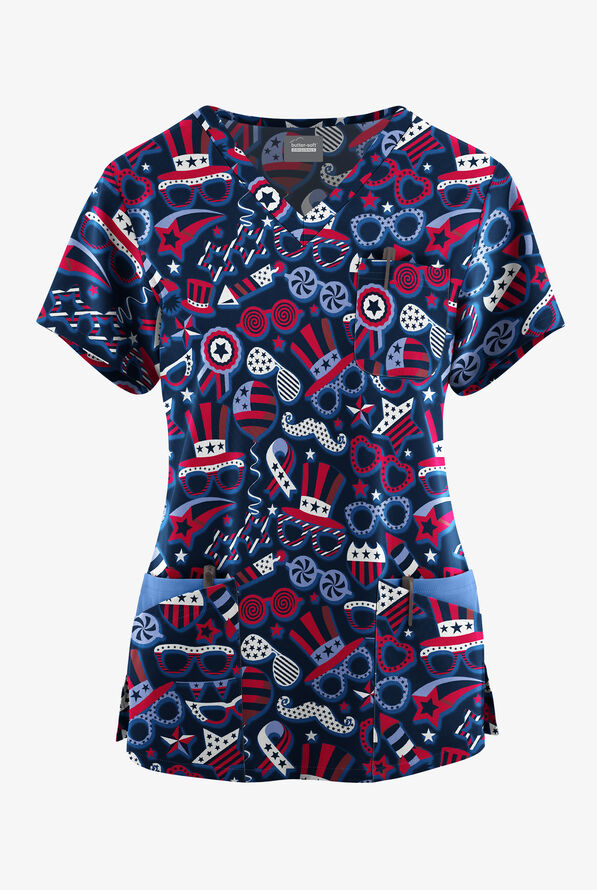 Blusa médica estampada Butter-Soft Originals Stars and Stripes Navy con cuello en V redondeado y 7 bolsillos para mujer - null - 1