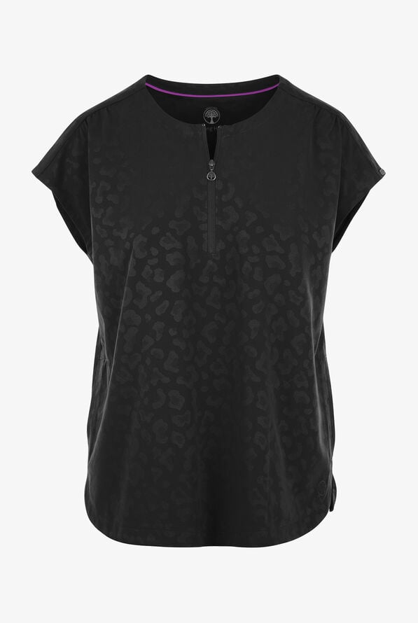 Healing Hands Purple Label Jayden Women's 2-Pocket STRETCH Leopard Jacquard Dolman Sleeve Scrub Top - Black - 1