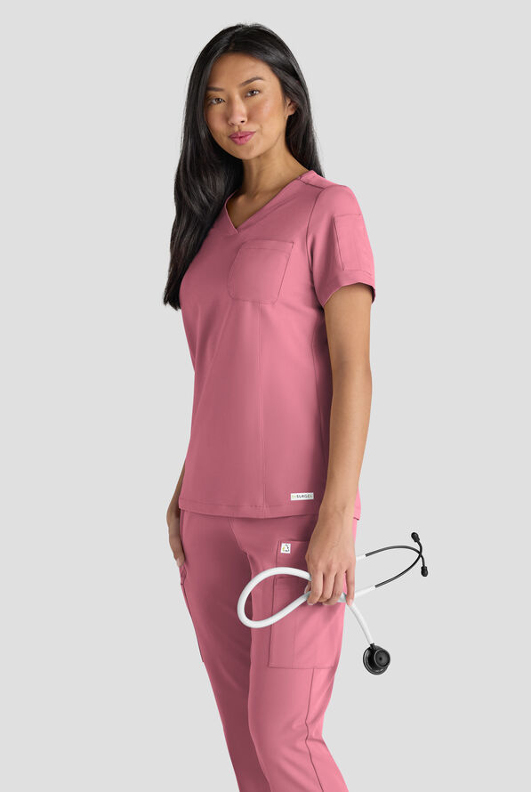 ReSurge Diamond Women's 3-Pocket V-Neck Tuck In / Wear Out Scrub Top - Tea Rose - 6