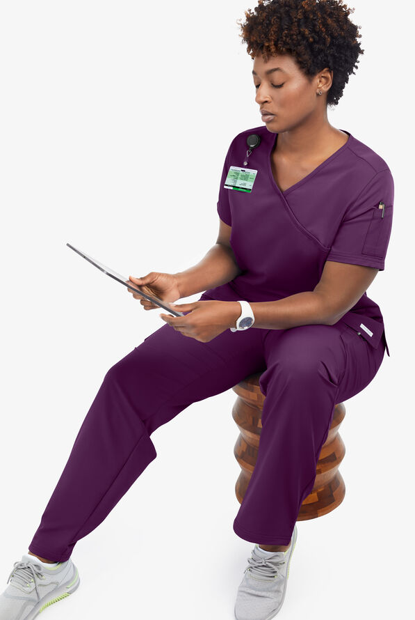 Butter-Soft Women's 5-Pockets Faux Wrap Scrub Top **Slightly IRREGULAR** - Eggplant - 8