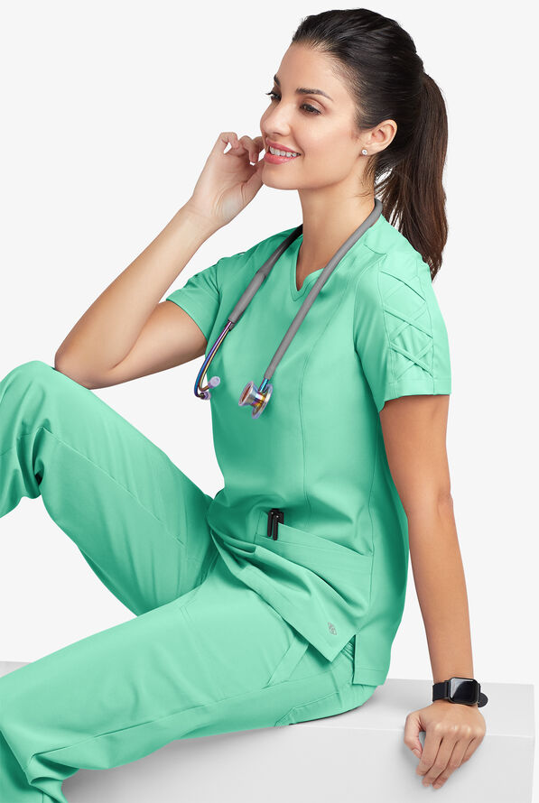 Blusa m&eacute;dica EASY STRETCH Kylie con detalle entrecruzado y 5 bolsillos para mujer - Jade Mint - 8