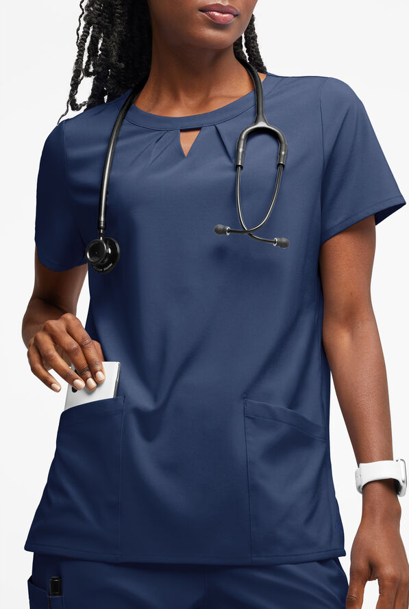 Blusa m&eacute;dica Easy STRETCH Salma con cuello ojo de cerradura y 3 bolsillos para mujer - Navy - 3