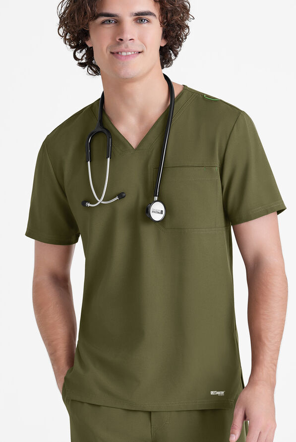Grey's Anatomy by Barco Evolve STRETCH Journey Men's 1-Pocket Tuck In V-Neck Scrub Top - Fern - 2
