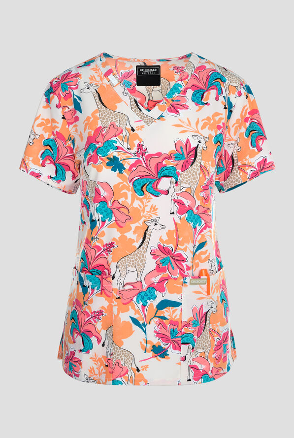 Cherokee Floral Safari Women's 2-Pocket STRETCH V-Neck Print Scrub Top - null - 1