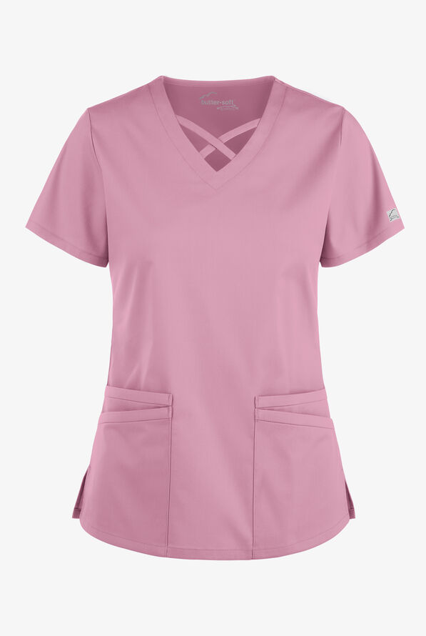 Blusa m&eacute;dica UA Butter-Soft STRETCH con lazos entrecruzados y 4 bolsillos para mujer - Cherry Blossom - 1