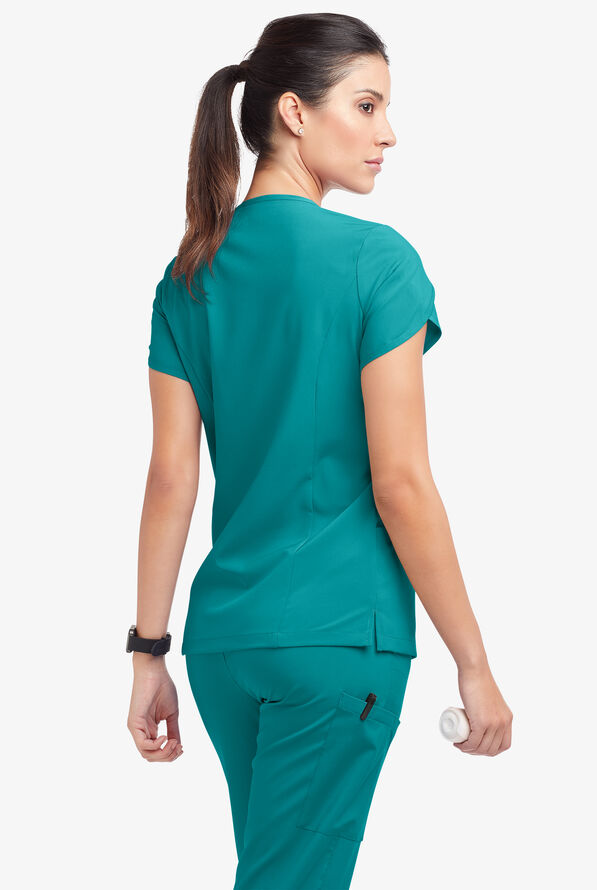 Easy STRETCH Daisy Women's 4-Pocket V-Neck Scrub Top with Petal Sleeves - Teal - 4
