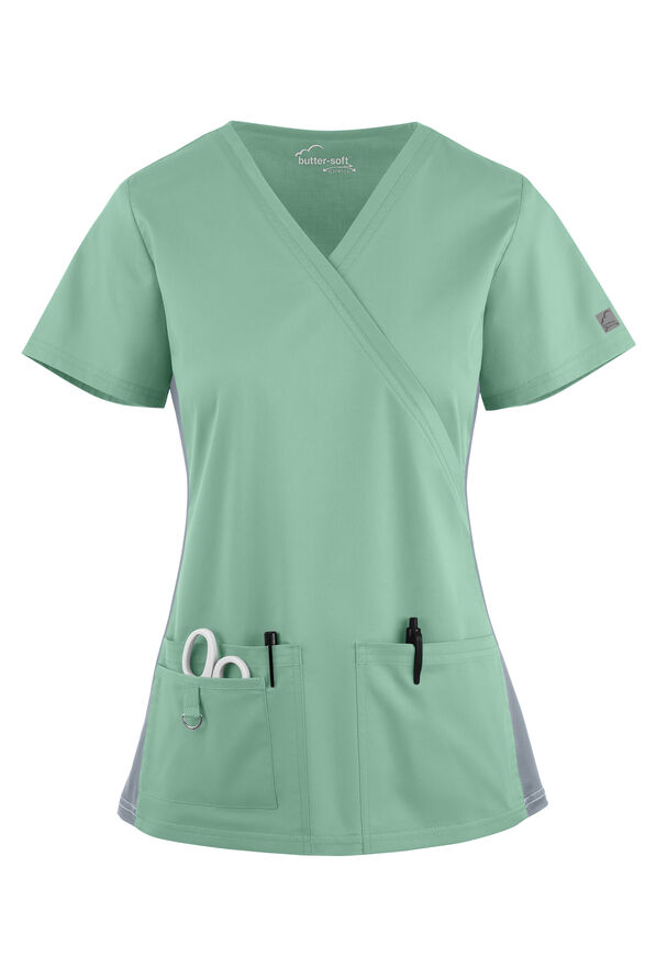Blusa médica UA Butter-Soft STRETCH con cuello en V y paneles laterales de punto tejido para mujer - Water Mint/Silver - 1