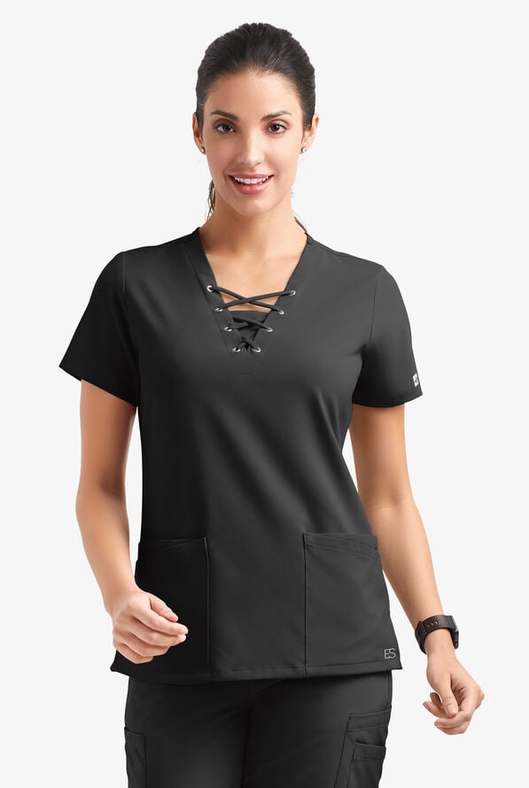 Easy STRETCH Gisele Women's 4-Pocket Lace Up V-Neck Scrub Top - Onyx Black - 2