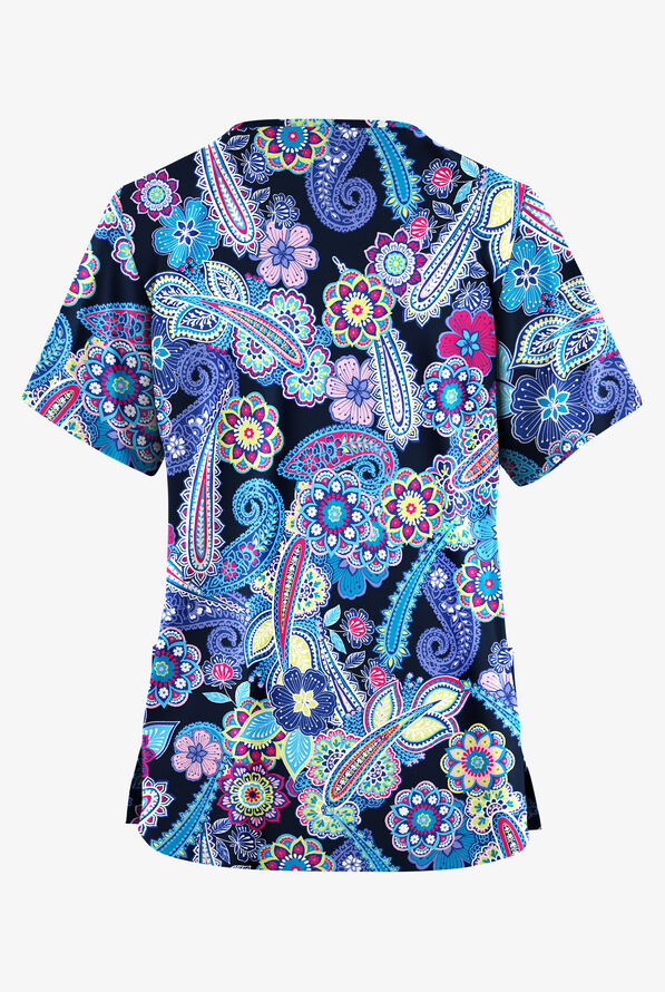 Butter-Soft Originals Boho Chic Paisley Navy Women's 2-Pocket V-Neck Print Scrub Top - null - 2