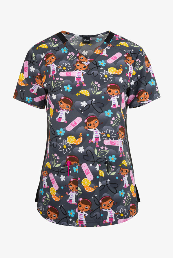 Tooniforms Disney's Sweet McStuffins Women's 2-Pocket STRETCH V-Neck Print Scrub Top - null - 1