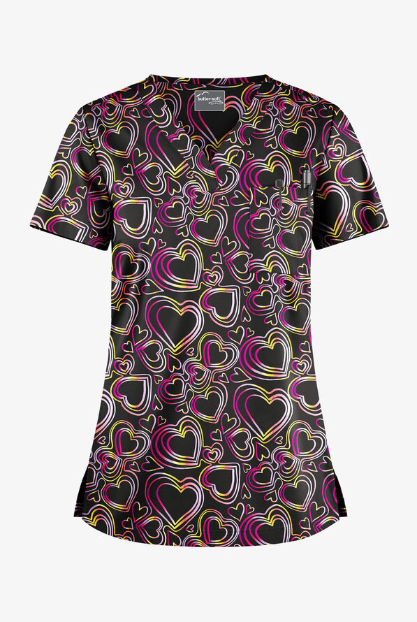 Butter-Soft STRETCH Black Neon Hearts  Women's 1-Pocket Tuck-In V-Neck Print Scrub Top - null - 1