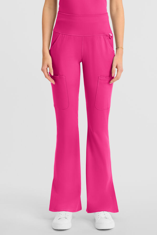 Med Couture Amp Knit Women's 5-Pocket STRETCH High-Rise Yoga Waistband Flare Leg Scrub Pant - Pink Power - 1