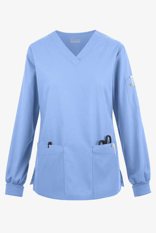 Blusa médica manga larga Butter-Soft Originals con cuello en V curvo y 7 bolsillos para mujer - Ceil Blue - 1