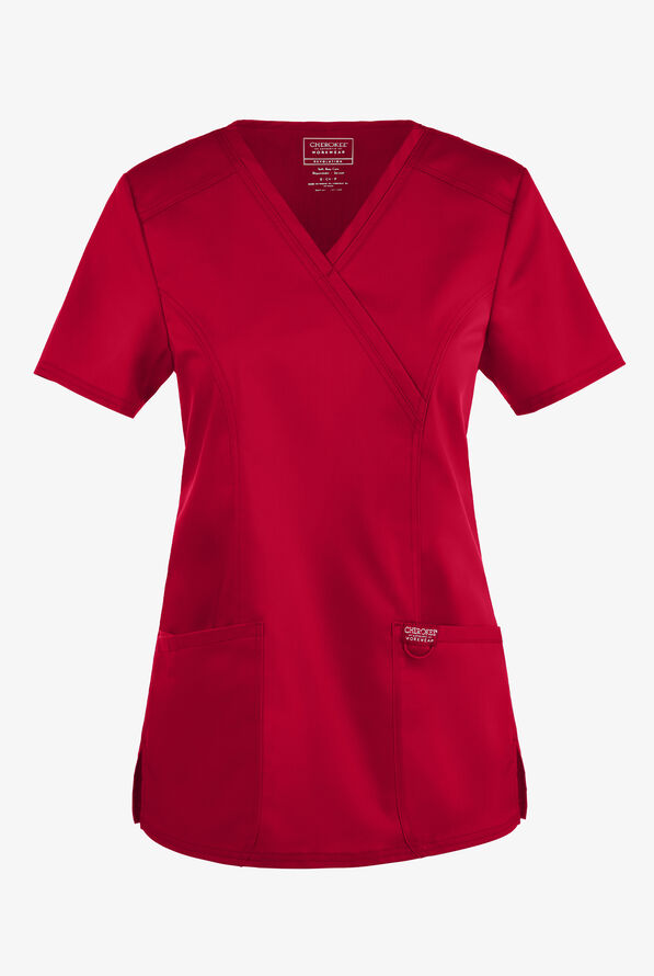 Cherokee Workwear Revolution Women's 2-Pocket STRETCH Mock Wrap Scrub Top - Red - 1