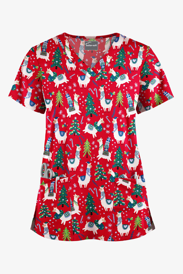 Butter-Soft Holiday Llamas Red Women's 4-Pocket Rounded V-Neck Print Scrub Top - null - 1