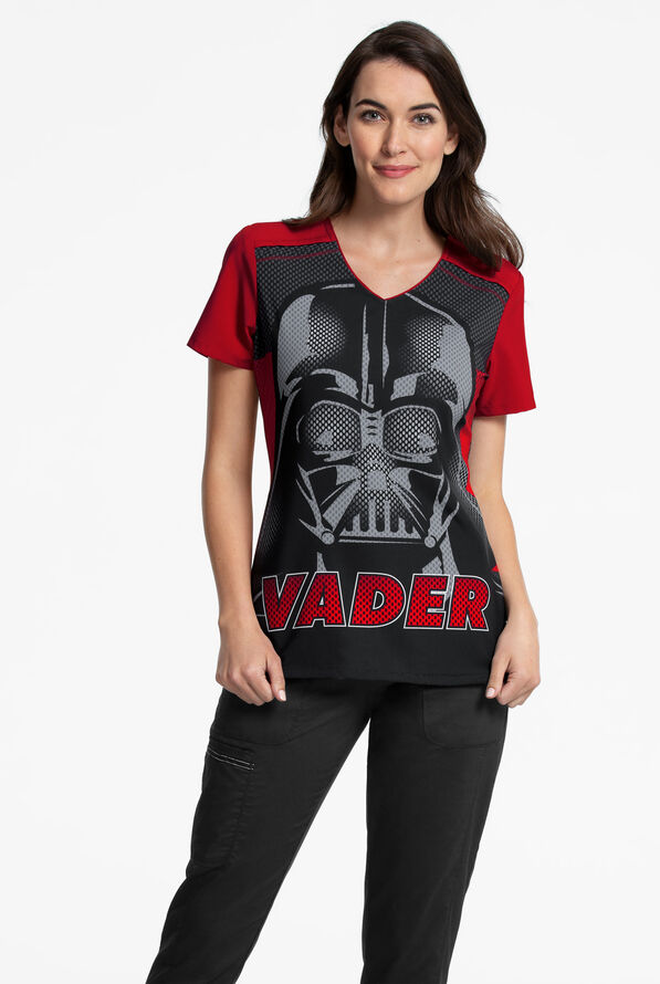 Cherokee Tooniforms Star Wars Vader 77 Women's 2-Pocket V-Neck Print Scrub Top - null - 3