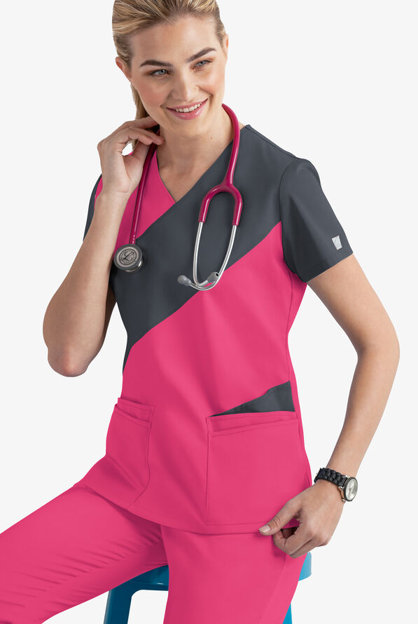 Butter-Soft STRETCH Women's 5-Pocket Asymmetric Scrub Top - Fuchsia/Pewter - 2