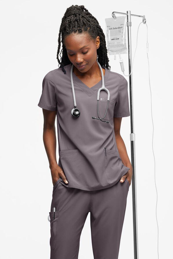 Easy STRETCH Tessa Women's 5-Pocket V-Neck Scrub Top - Grey Stone - 4