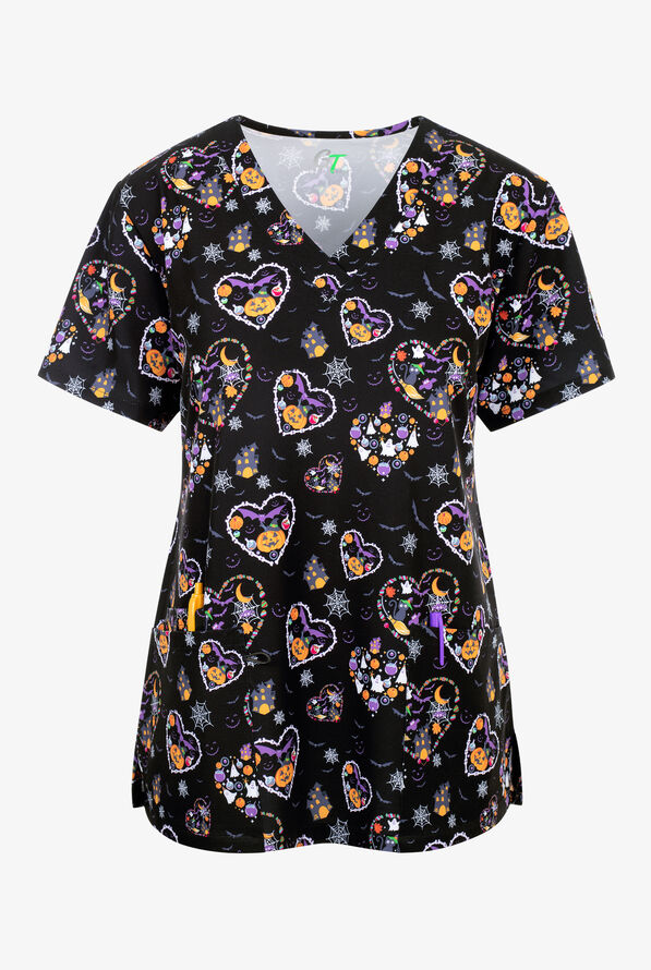Green Town Halloween Hearts Women's 3-Pocket STRETCH V-Neck Print Scrub Top - null - 1