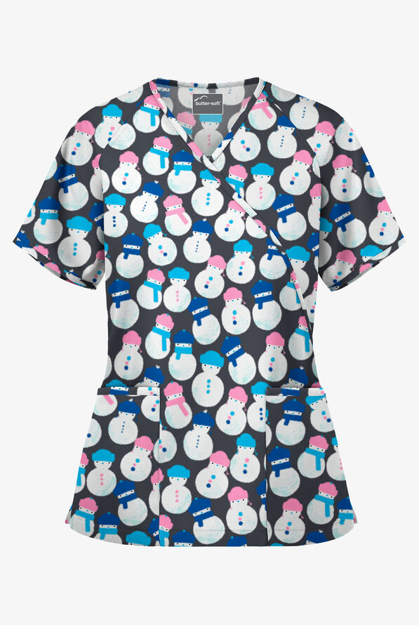 Butter-Soft Snowman Party Pewter Women's 2-Pocket Mock Wrap Print Scrub Top - null - 1