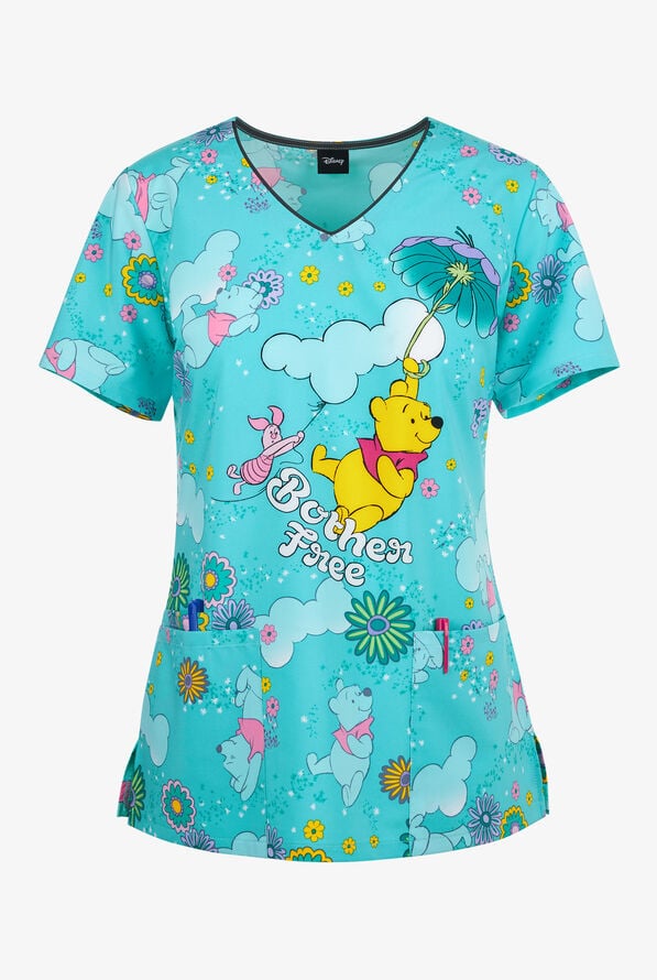 Tooniforms Disney's Winnie the Pooh Bother Free Women's 3-Pocket STRETCH V-Neck Print Scrub Top - null - 1