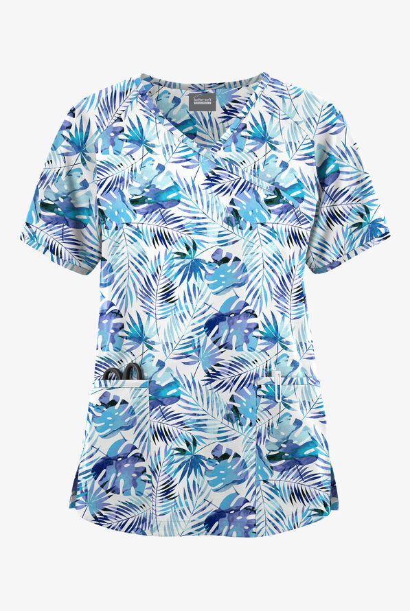 Butter-Soft Originals Tropical Garden Women's 3-Pocket Mock Wrap Raglan Sleeve Print Scrub Top - null - 1