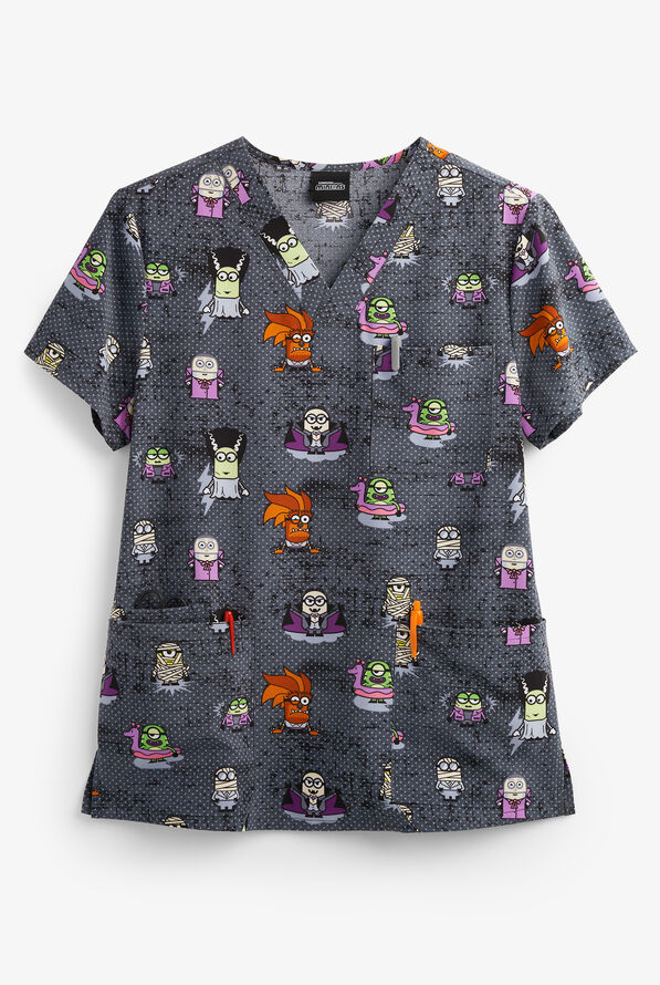 Tooniforms Monster Minions Unisex 4-Pocket STRETCH V-Neck Print Scrub Top - null - 1