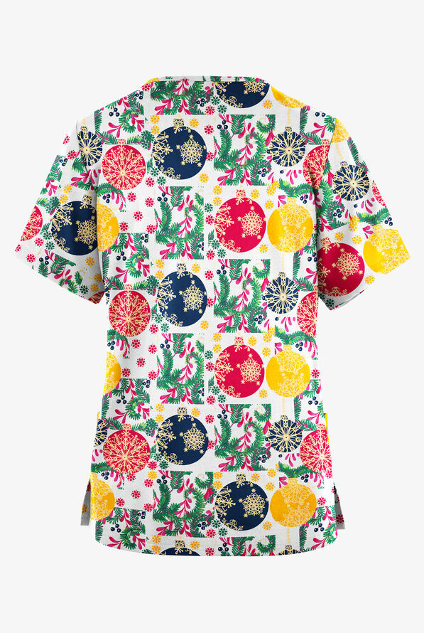 Butter-Soft Originals White Baubles And Berries  Women's 2-Pocket Classic Fit V-Neck Print Scrub Top - null - 2