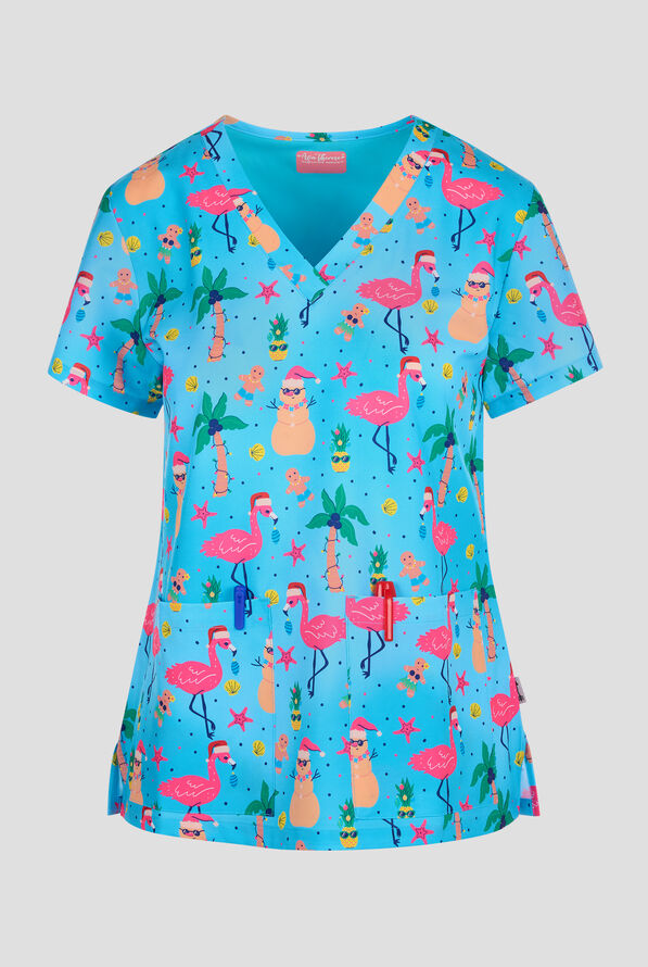 Zavate Ava Therese Merry In The Tropics Women's 2-Pocket STRETCH V-Neck Print Scrub Top - null - 1