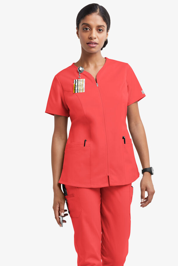 Butter-Soft STRETCH Women's 4-Pocket Smooth Face Zipper Scrub Top - Radiant Red - 2
