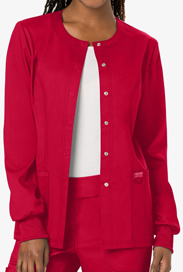 Cherokee Workwear Revolution Women's 3-Pocket STRETCH Snap Front Scrub Jacket - Red - 2