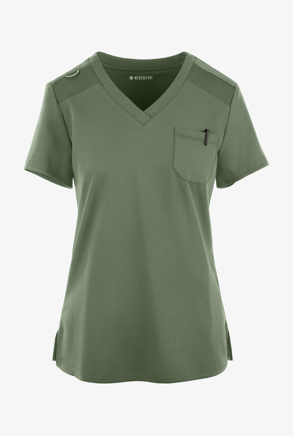 Med Couture Touch Women's 1-Pocket STRETCH Tuck In V-Neck Scrub Top - Olive - 1