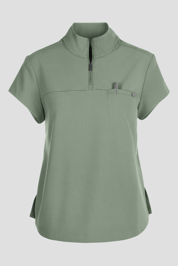 Healing Hands Quest Women's 1-Pocket STRETCH Tuck In Half Zip Collar Scrub Top - Acadia Green - 1