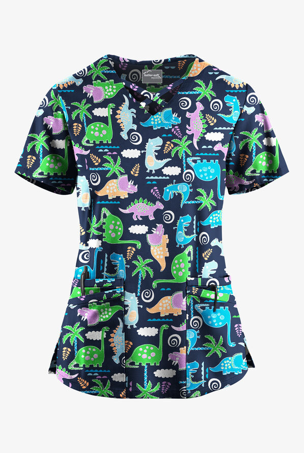 Butter-Soft STRETCH Stompin' Dino Turquoise Women's 4-Pocket Crisscross Print Scrub Top - null - 1