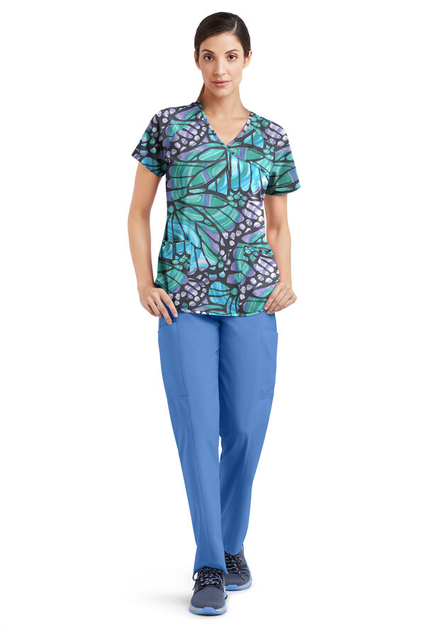 Easy STRETCH Kaleidoscope Butterflies Women's 4-Pocket Raglan V-Neck Mock Wrap Print Scrub Top - null - 2