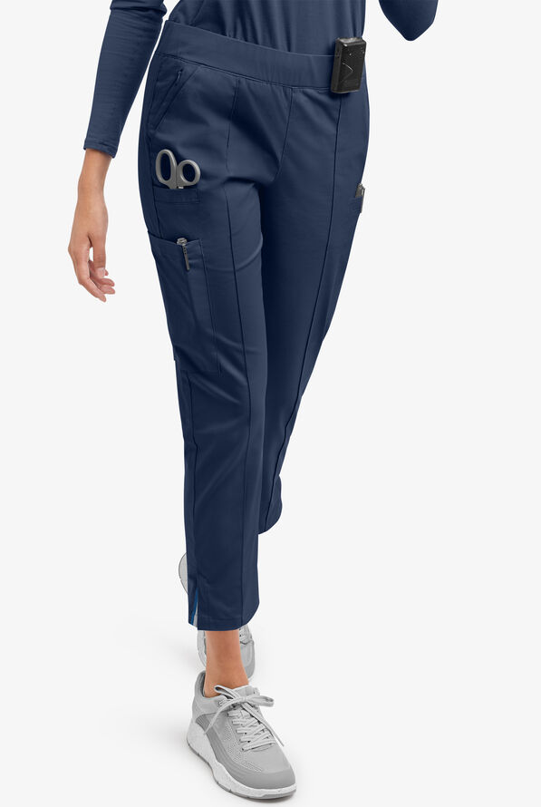 Butter-Soft STRETCH Women's 6-Pocket Pin-Tuck Crop Slim with Sport Trim Detail Scrub Pants - Navy/Silver Melange - 1