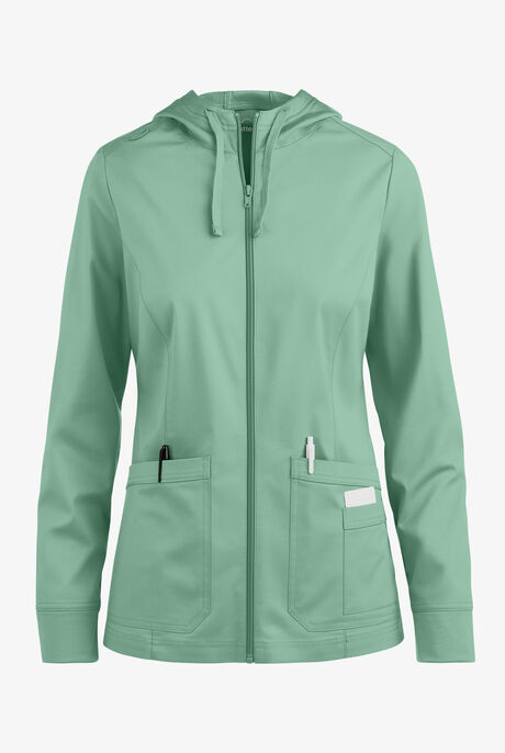 Butter-Soft STRETCH Women's 3-Pocket Zip-Front with Cozy Knit Hood and Trim Scrub Jacket