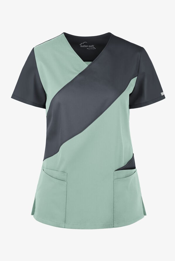 Butter-Soft STRETCH Women's 5-Pocket Asymmetric Scrub Top - Eucalyptus Leaf/Pewter - 1