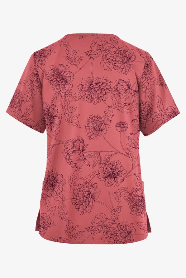 Butter-Soft Originals Peony Garden Rouge Rose Women's 2 Pocket V-Neck Print Scrub Top - null - 2