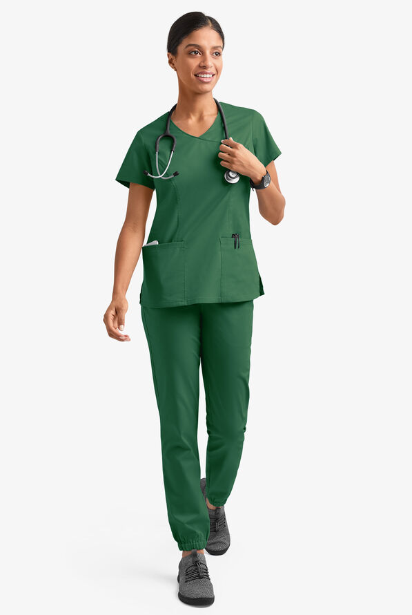 Butter-Soft STRETCH Women's 3-Pocket V-Neck Mock Wrap Scrub Top - Hunter - 6