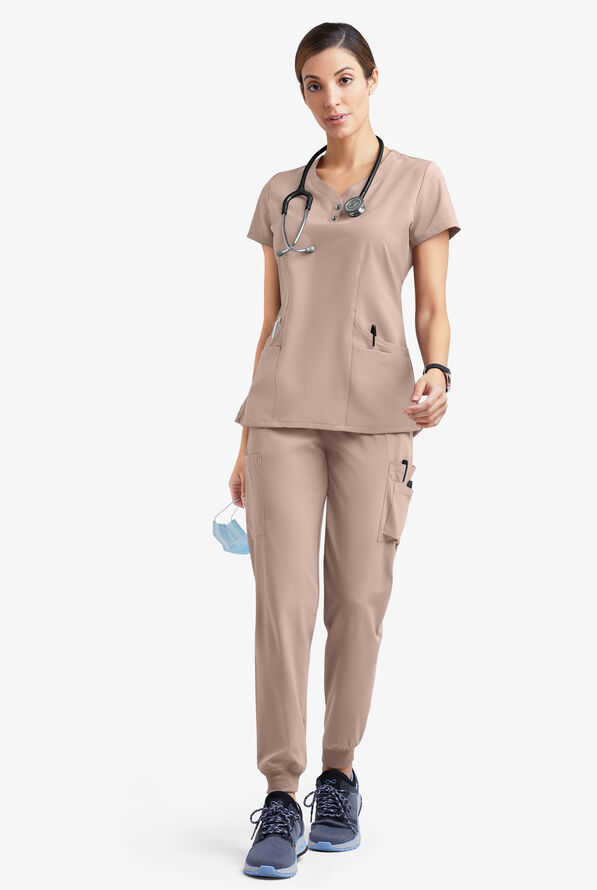 Easy STRETCH Demi Women's 4-Pocket Henley Scrub Top - Mocha Meringue - 2